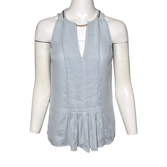 Reiss Leondas Pleated Gold-tone Chain Halter Blouse Light Pale Blue Size 0, UK 4 - Picture 1 of 9